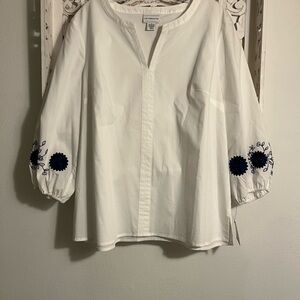 Liz Claiborne White Blouse with Navy Floral Embroidered Accents
